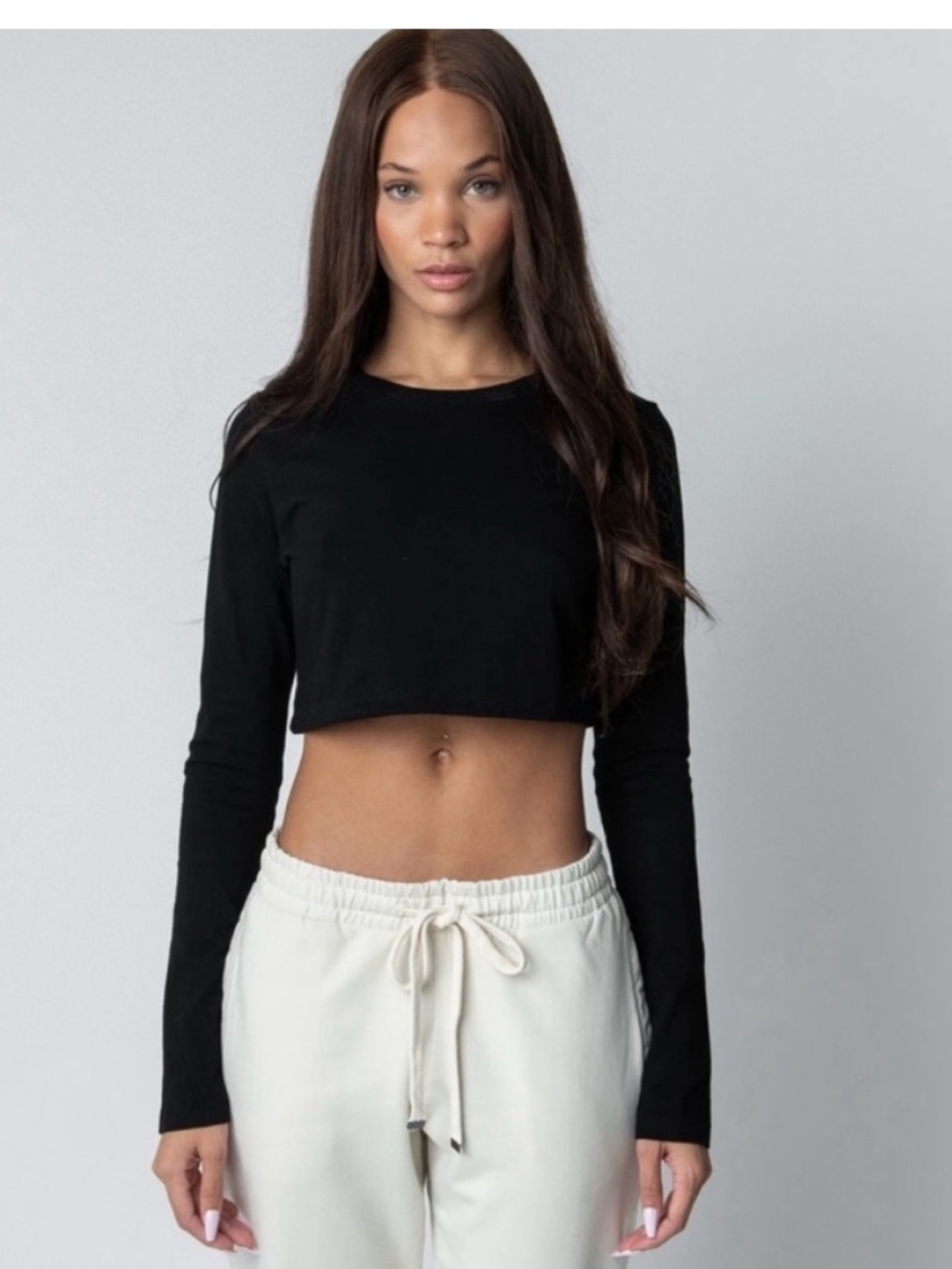 🌹 FREE 100% supima cotton Black Long Sleeve Crop top boatneck fit small medium